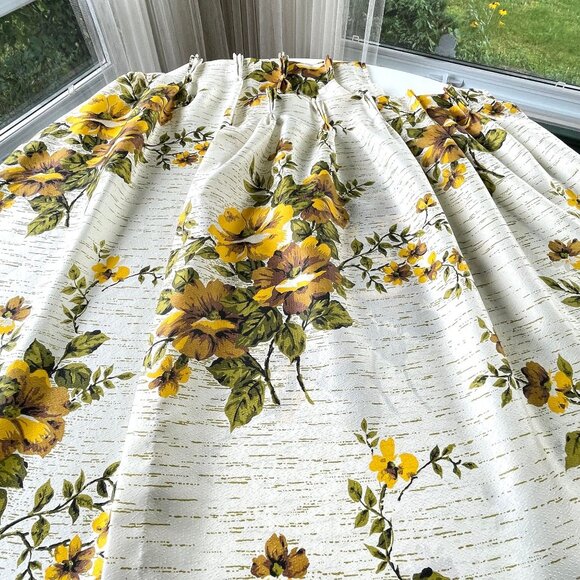 Vintage 60s pleated curtains, yellow green bold floral, Fiberglass panels - Picture 5 of 10